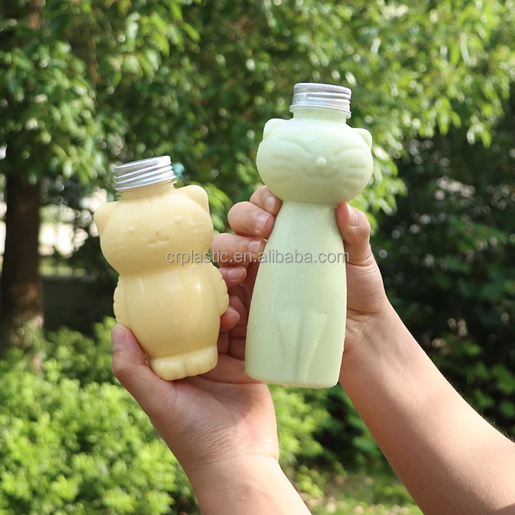 Wholesale Can Be Customized One-time 350 ml PET High Quality Cat Shape Juice PET Plastic Bottle with Aluminum Lid