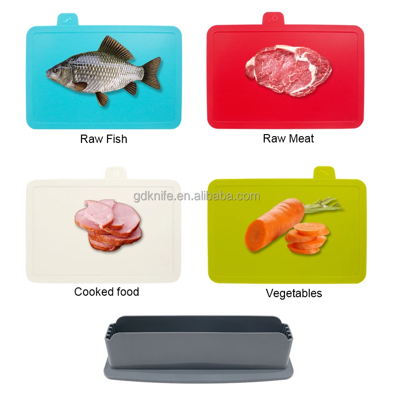 Food grade 4pcs set plastic non-slip food icons index cutting board with stand