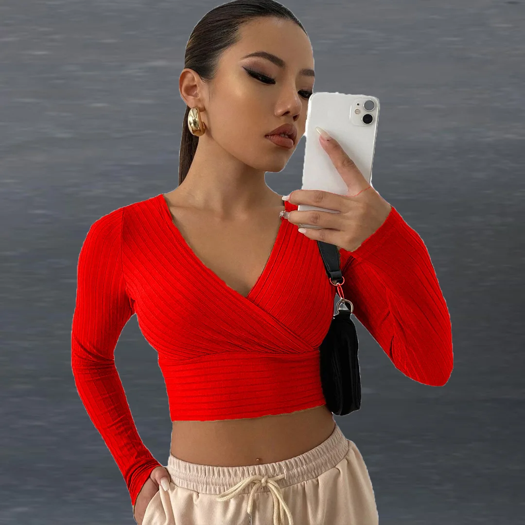 low price deep v neck sexy crop tops for women wholesale ribbed long sleeve crop top
