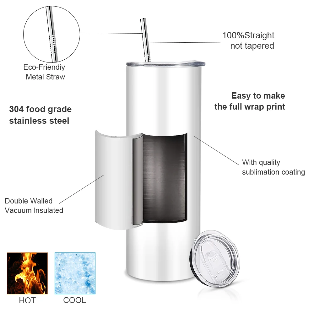 USA Warehouse Wholesale  20oz 30oz Stainless Steel Double Wall Skinny Straight Sublimation Tumblers with Straw