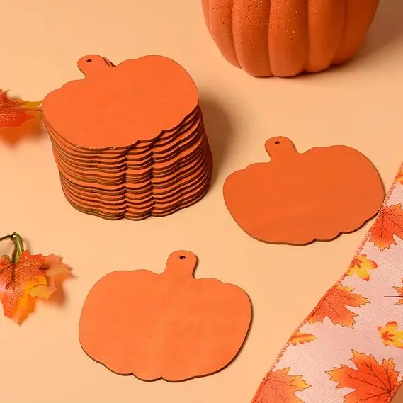 Orange Pumpkin Wood Cutouts Crafts 4Inch Wooden Pumpkin Shaped Hanging Ornaments with Hole
