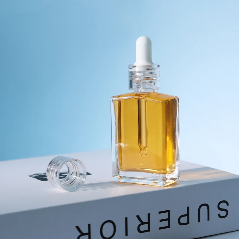 Rectangle Clear Glass Pipette Serum Bottles 15ml 30ml 100ml Essential Oil Square Glass Dropper Bottles with Pipette