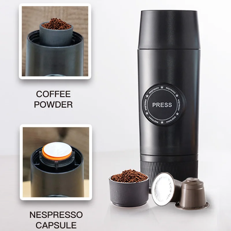 Portable electric espresso coffee maker compatible capsule and ground for outdoor camping or office