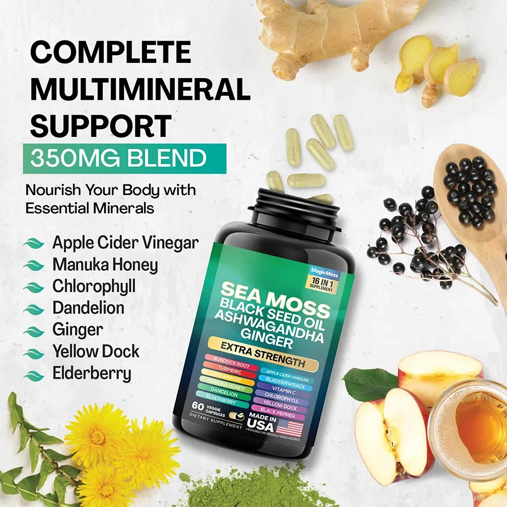 OEM Vegan Natural Kids Energy Elderberry Organic Irish Sea Moss Capsule for Immune Support Booster Supplements