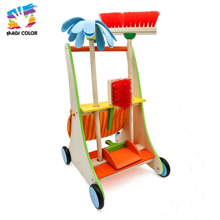 OEM / ODM kids wooden cleaning trolley toy for pretend play W10D200