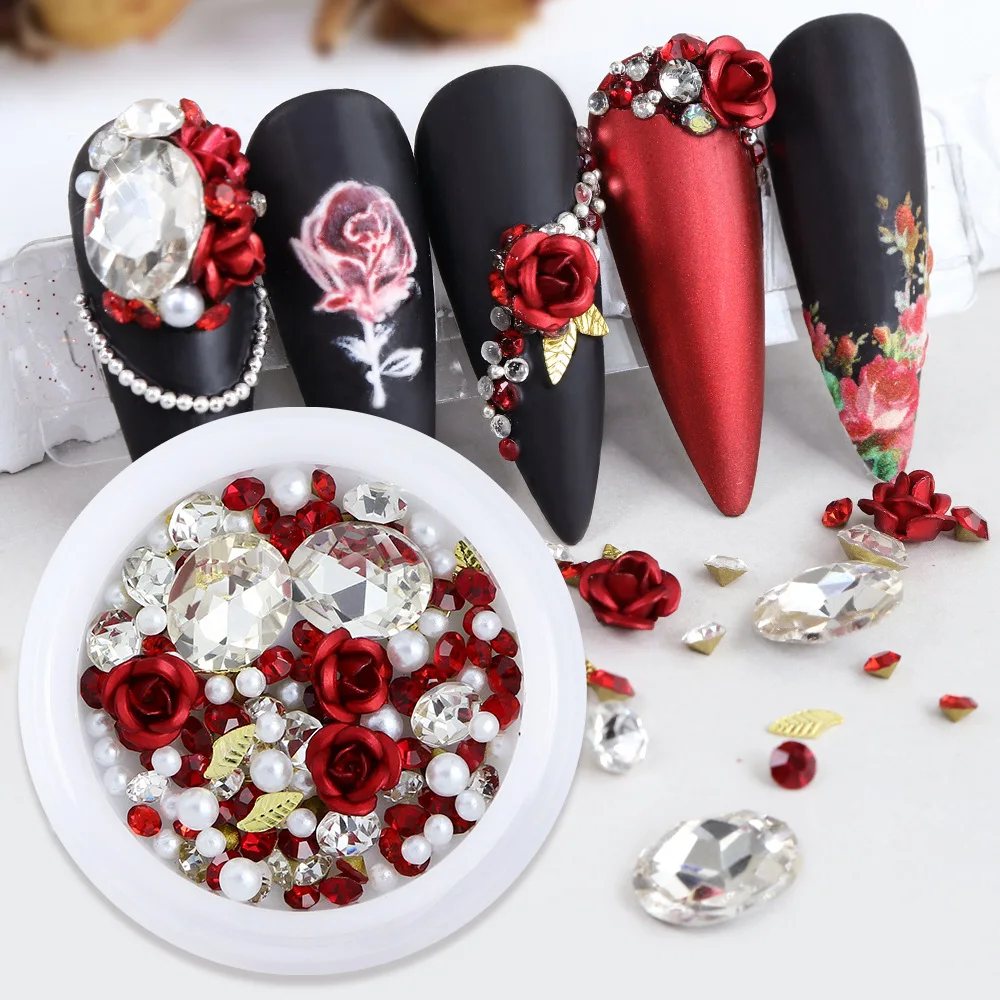 Kawaii Resin Flower 3D Nail Art Charms and Big Crystal Rhinestone Pearl Decoration For DIY Designs
