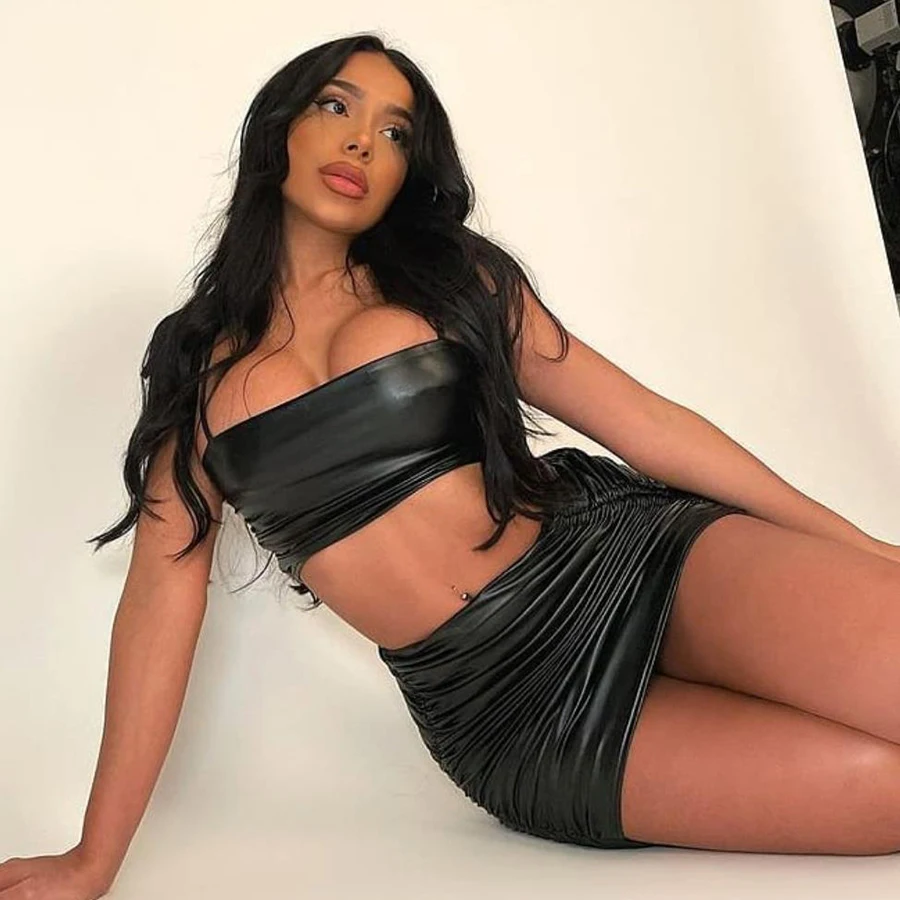 Nibber K21S00725 2021 New Arrivals Wrinkled Leathered Womens 2 Pieces Sets Streetwear Miniskirt Set Factory Wholesale Customized