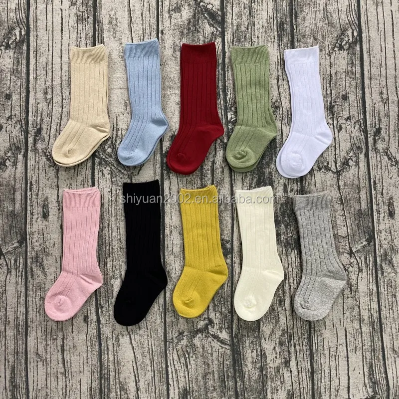 
Wholesale Baby Clothing Children Knee Stockings Boots Socks Knitted Striped Cotton Plain Solid Color Girls Kids Socks 