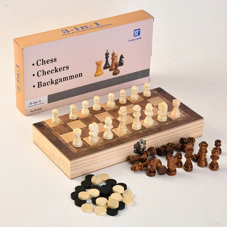 3 in 1 Wooden Chess Game Set Creative Folding Portable Chess Board Game Toy Foldable Chess Game