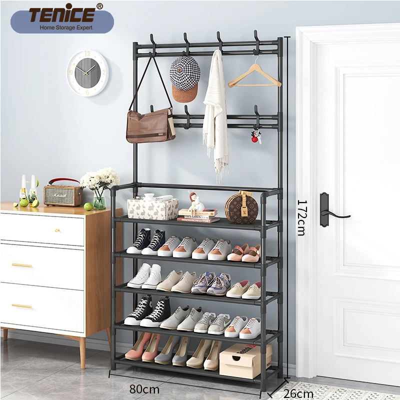 Tenice Hall Tree Coat and Shoe Rack for Entryway, 3-in-1 Design, 5 Tiers Stackable Non-Woven Fabric Storage Organizer