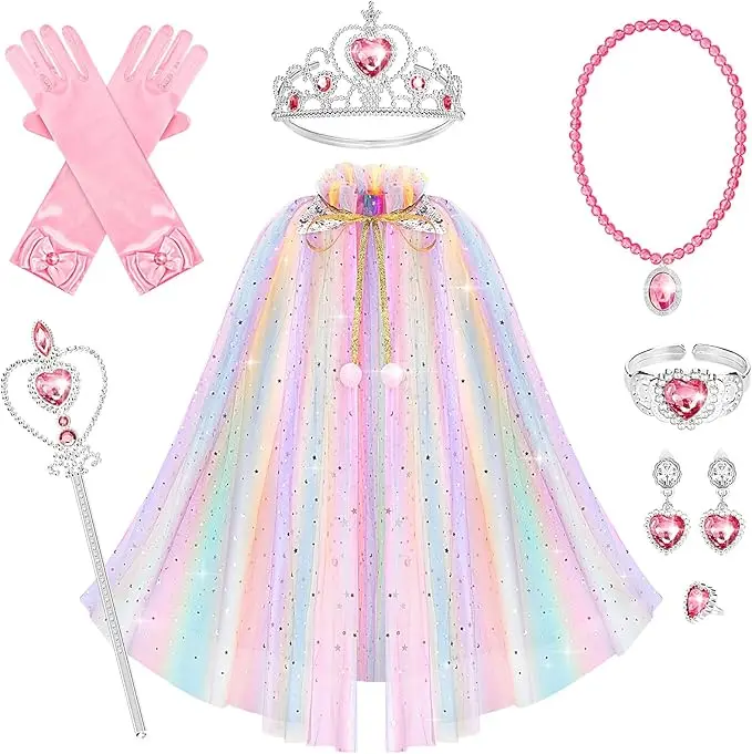 Princess Cape Set Dress up Clothes for Little Girls Party Cosplay Cloak with Jewelry Tiara Crown Wand Gloves