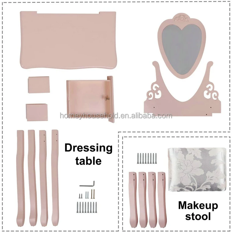 Heart-Shaped Mirror Dressing Table Simple Style Drawer Dresser Table With Stool Bedroom Furniture