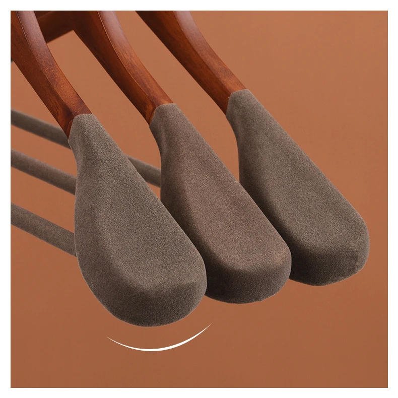 Wholesale Natural Color Widen Top Clothes Suit Solid Wood Hangers with Flocking Bottom Pant Hanger for Garment Store