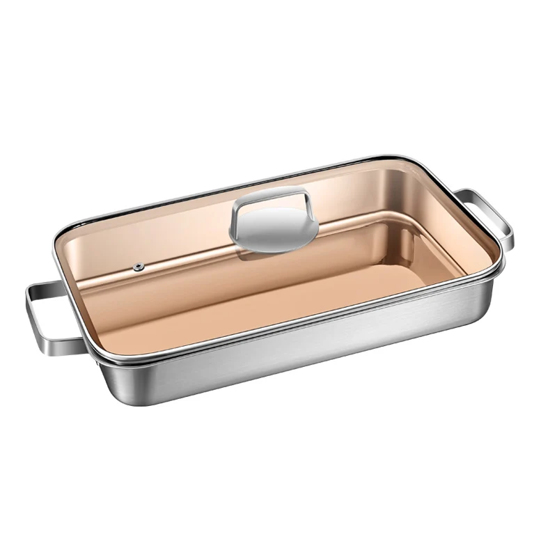 Thicken 316 stainless steel rectangle frying pan fish pan 38cm with glass lid for gas stove and induction cooker