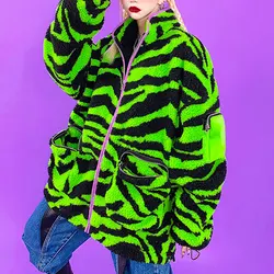 Top Fashion Hip Hop Winter Loose Lamb Hair Warm Zebra Print With PU Wrist Bag Street Couple Thick Coat Women Jackets and Coats