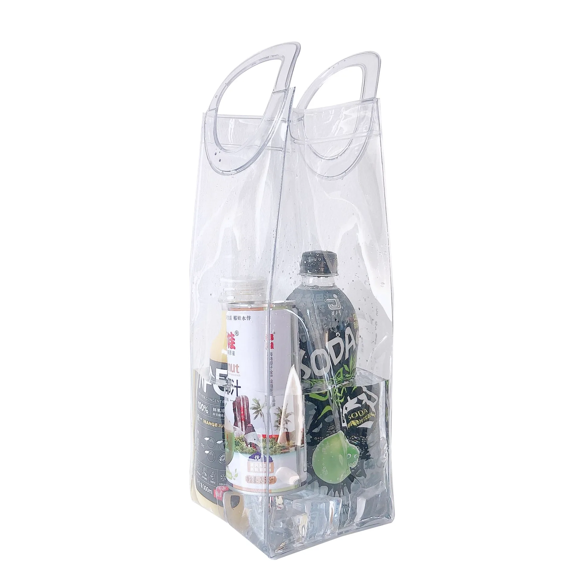 Customized Logo Ins Popular Cool PVC Drinks Bottle Wine Bag Cooler Transparent Ice Bag with Round Handle