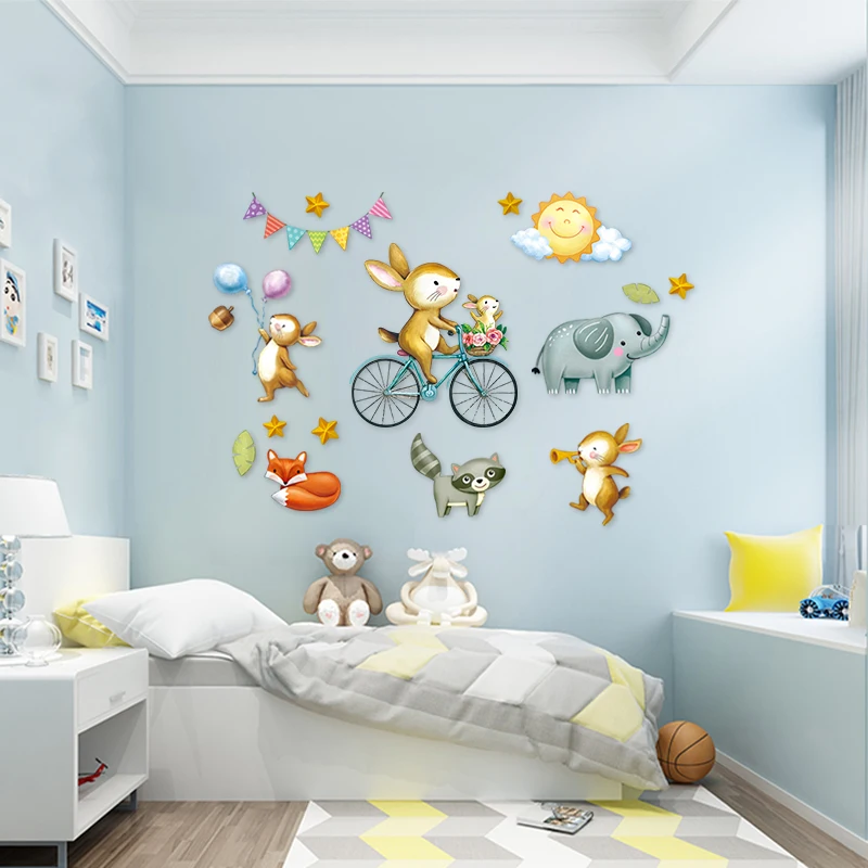 Good Quality cute animals bicycle decorative kids room wall stickers