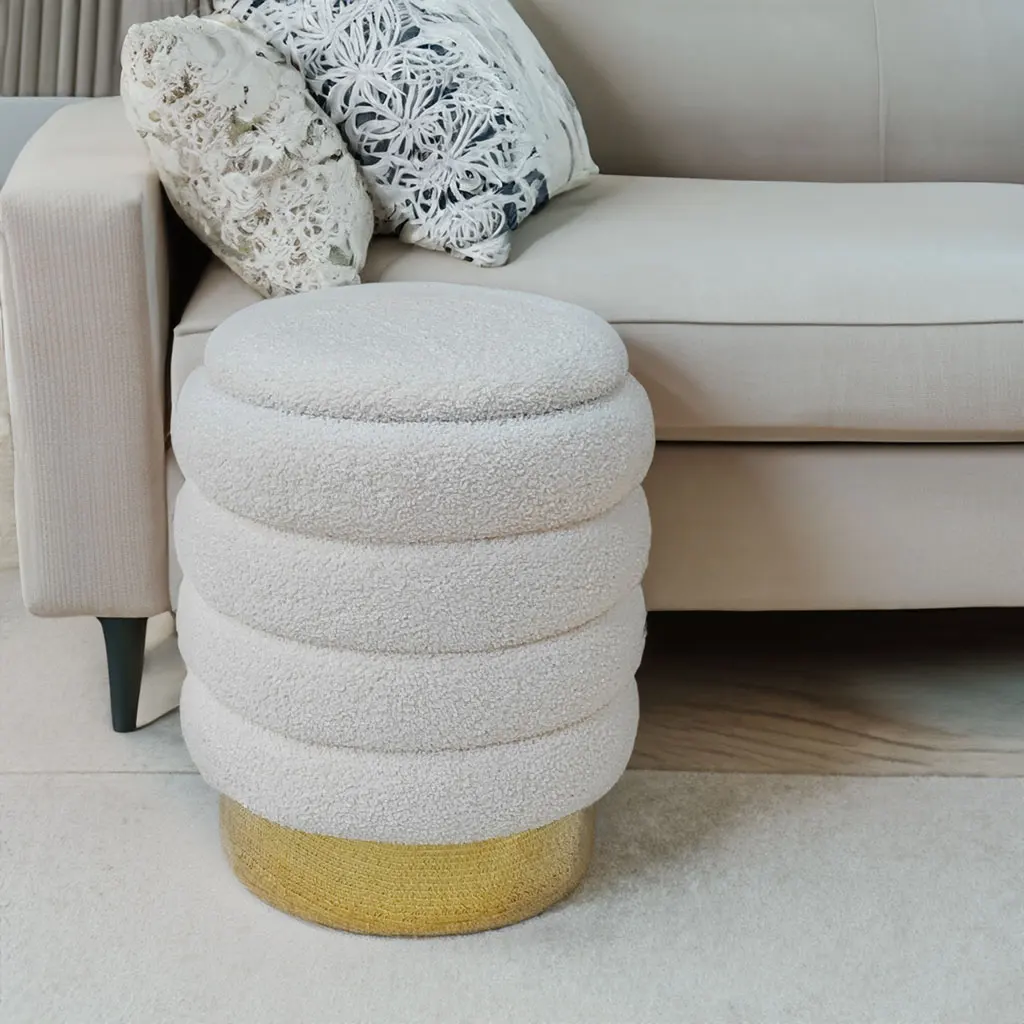 Bailey Modern Footstool Round Pouf Storage Ottoman White Velvet Metal Base Ottoman Pouf