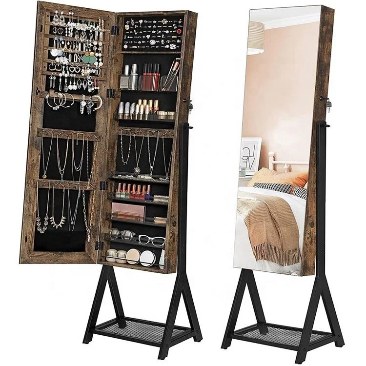 New Product 2021 Wooden Full Mirror Jewelry Cabinet Lockable Floor Standing Jewelry Cabinet Home Furniture