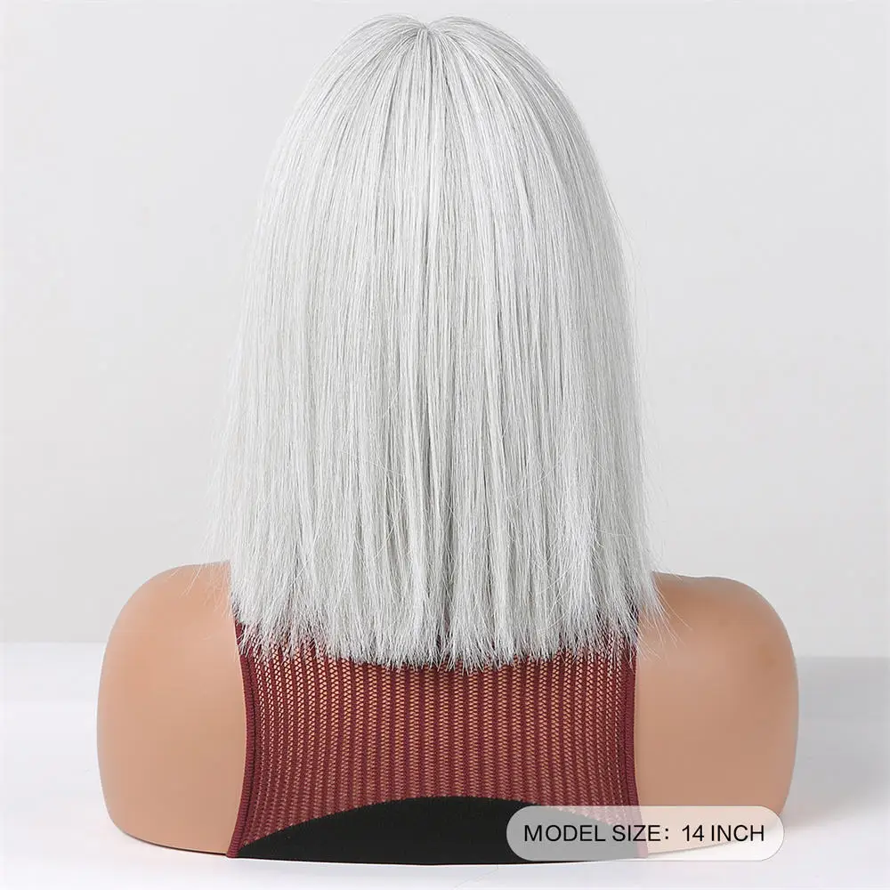 Wholesale White Silver Short Straight Synthetic Wigs with Bangs Platinum Blonde Bob synthetic hair braiding wigs for african