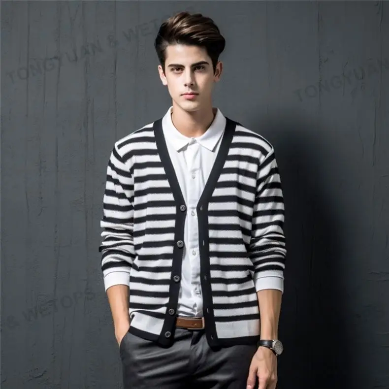 2024 OEM и ODM производитель одежды вязаный свитер новый дизайн мужской трикотаж полосатый хлопковый школьный кардиган свитер