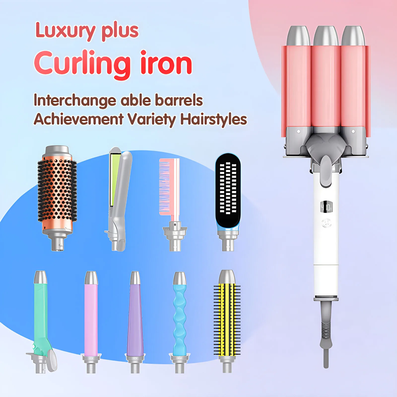 LCD Display Interchangeable Head 4 in 1 Triple Barrel Ceramic Curling Iron Hair Curler Wand Set with Clamp