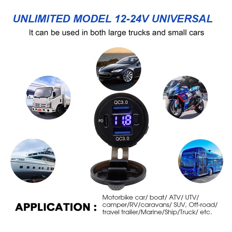 Dual USB QC 3.0 Port 20W PD Type C Car Charger Socket with Voltmeter and Power Switch for Bus RV