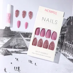 High Quality Almond tip Coffin Solid Color Glitter nail press on stick on nails acrylic