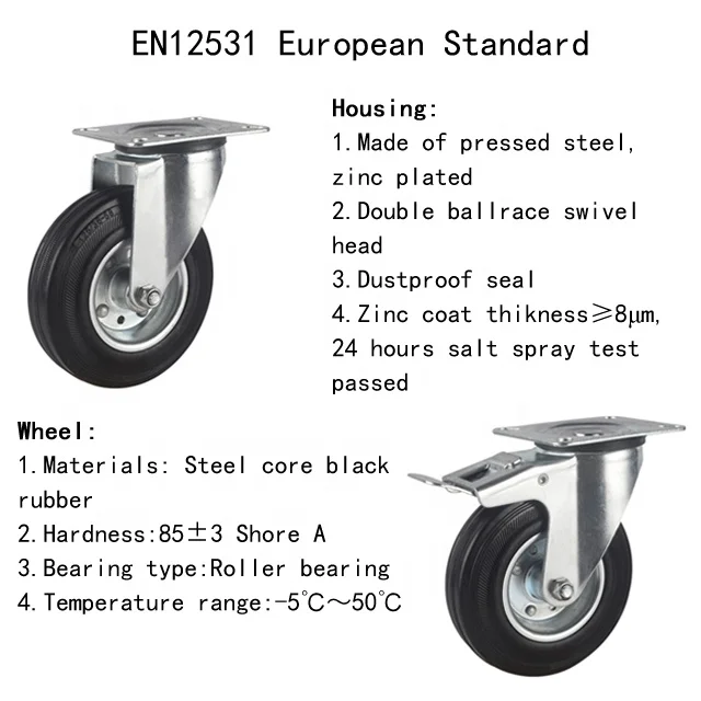 Wholesale zinc plated medium heavy duty black solid rubber tire 4 inch rubber wheel caster for industrial application