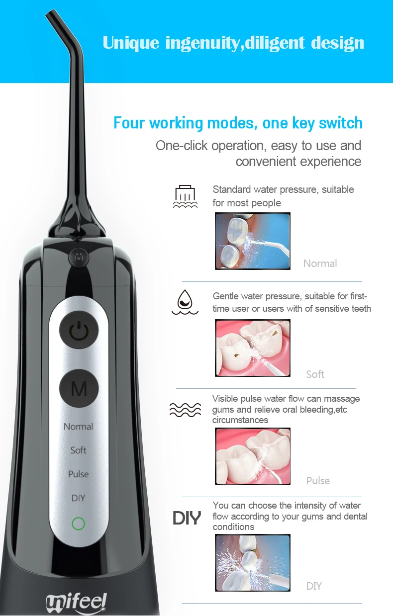 Unifeel  Portable Water flosser dental oral irrigator Ipx 7 Waterproof USB Rechargeable Dental Teeth Cleaner For Teeth 300ml