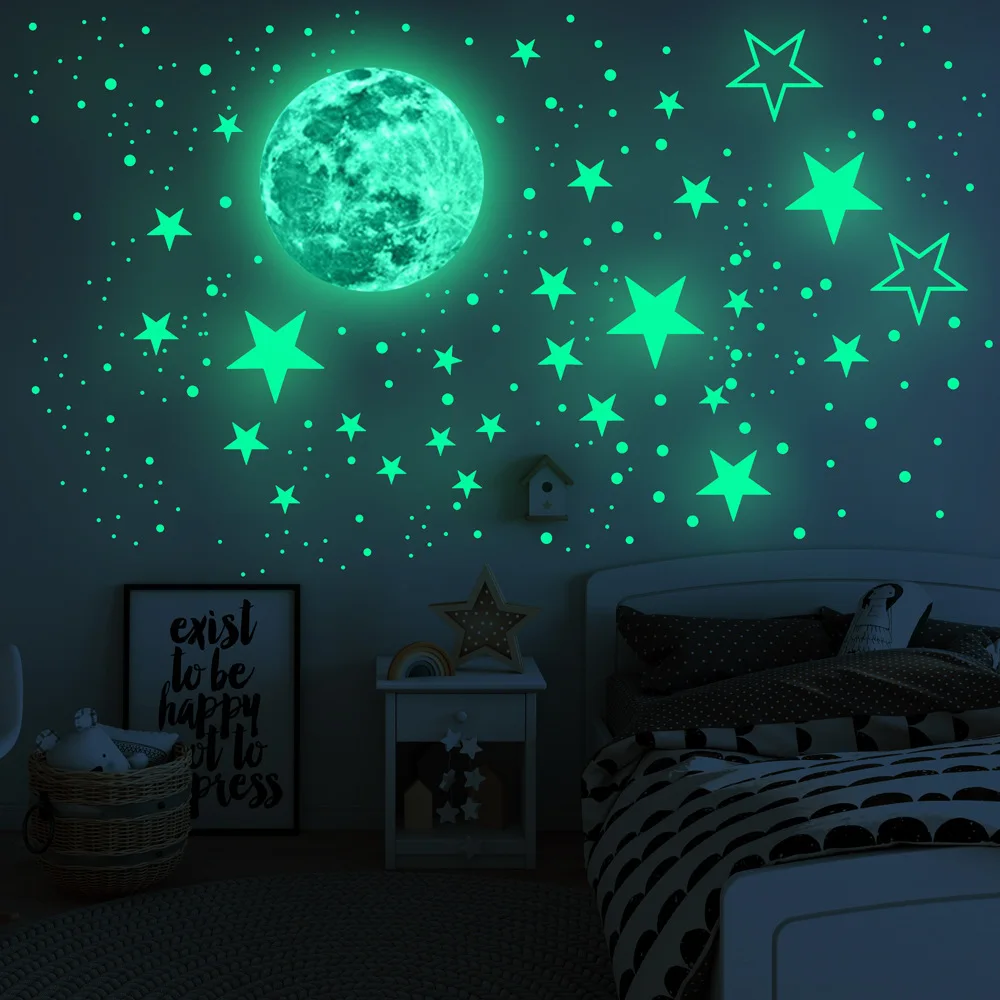 
Custom Fluorescence Luminous Kids Room Moom and Srars Glow in The Dark Wall Stickers 