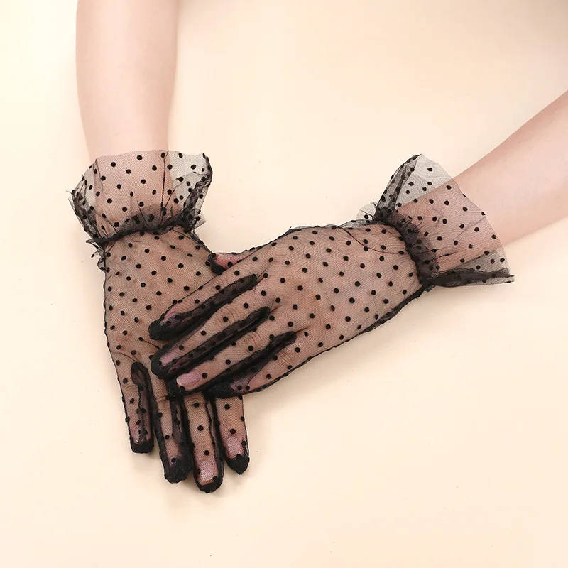 Summer Breathable Gloves For Women Black Small Spots Sexy Lace Short And Thin Mesh Gloves For The Bride