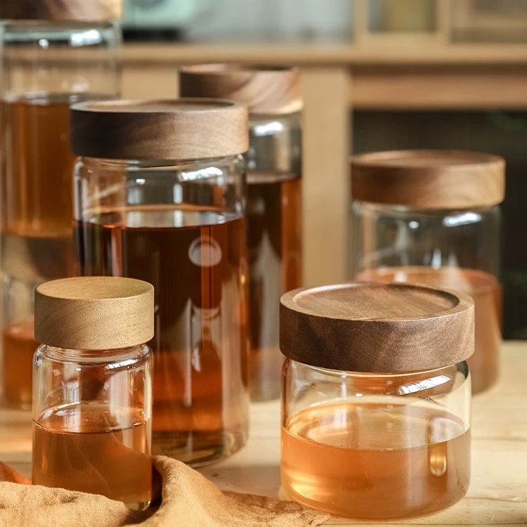 customized 16 oz  glass honey storage jars with bamboo wooden lids
