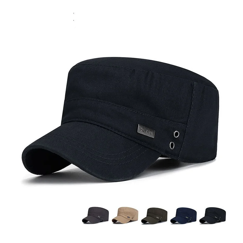 Solid Color Cotton Flat Top Cap For Men adjustable Machinable Customization Embroidery Metal Tag Stock