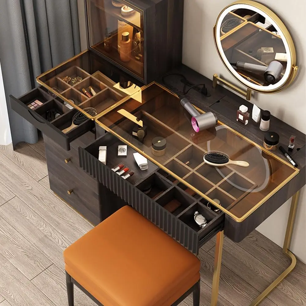 Middle centry popular dressing table Charging with round Lighted Mirror for Makeup makeup vanity dresser