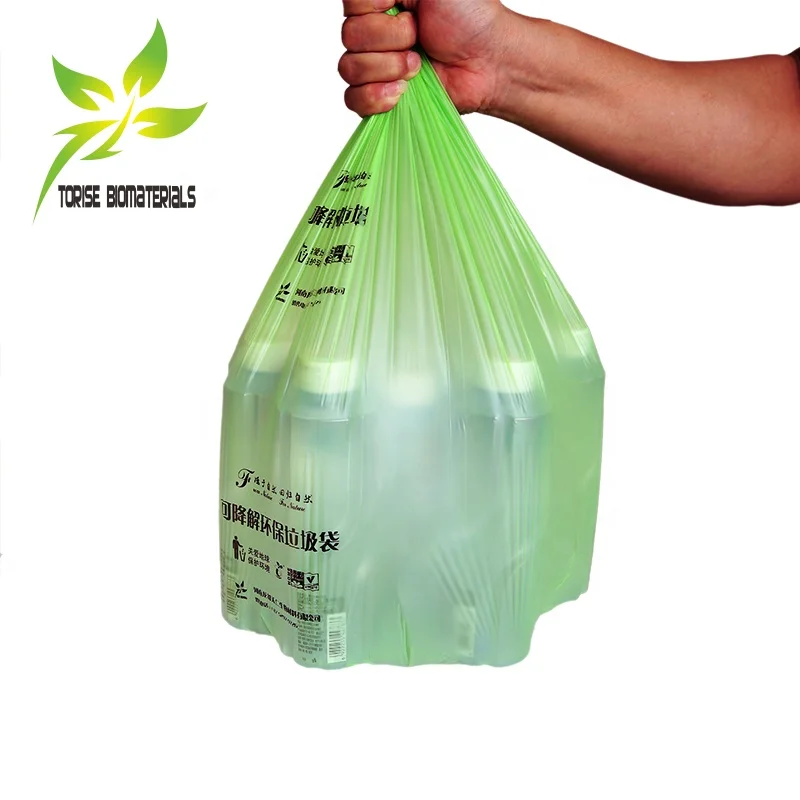 en13432 certified 35l  120 liters biological compostable cornstarch t-shirt handle heavy duty garbage bag 1 ton