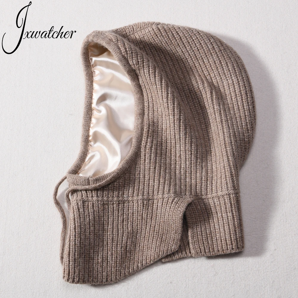 Wholesale Soft Cashmere Hooded Scarf with Silk Lining Custom Skull Unisex Balaclava Satin Lined Winter Knit Beanie Hat for Women