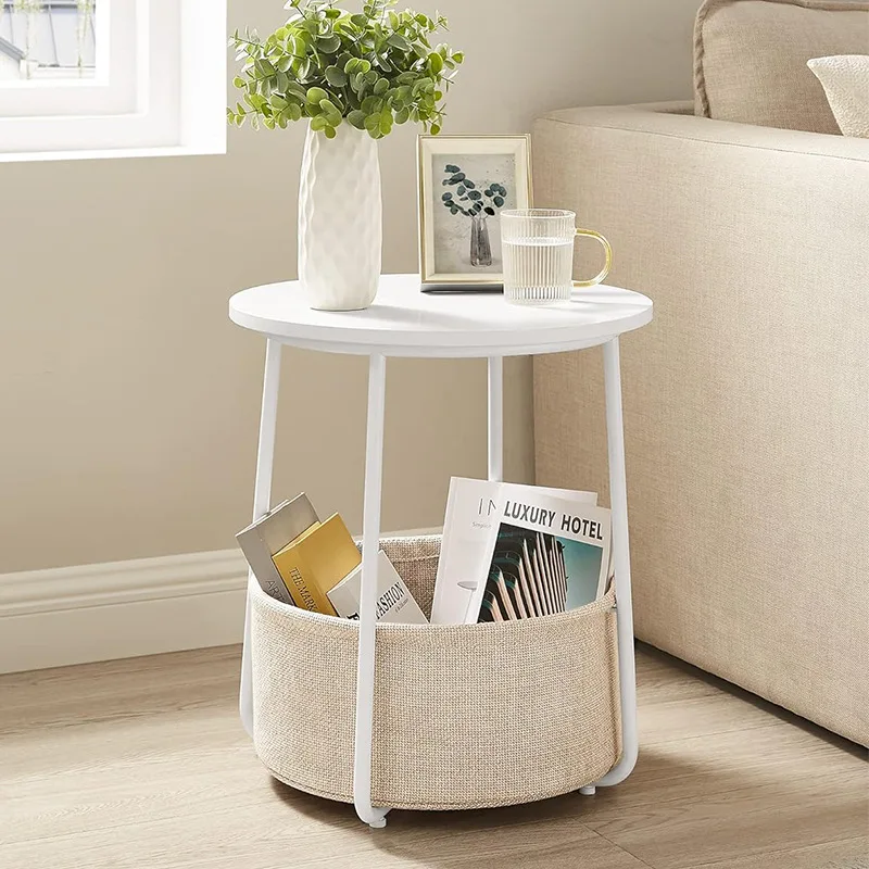 Wooden Modern Small Round Sofa Bed Side Table with Polyester Basket