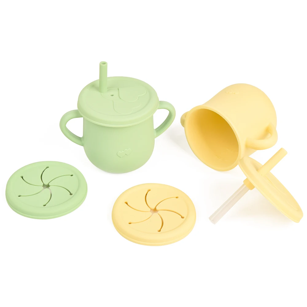 3 In 1 Leakproof Spill Proof Unbreakable Silicone Sippy Cups With Straws Lids Handle Baby Straw Training Cup For Toddler Kids