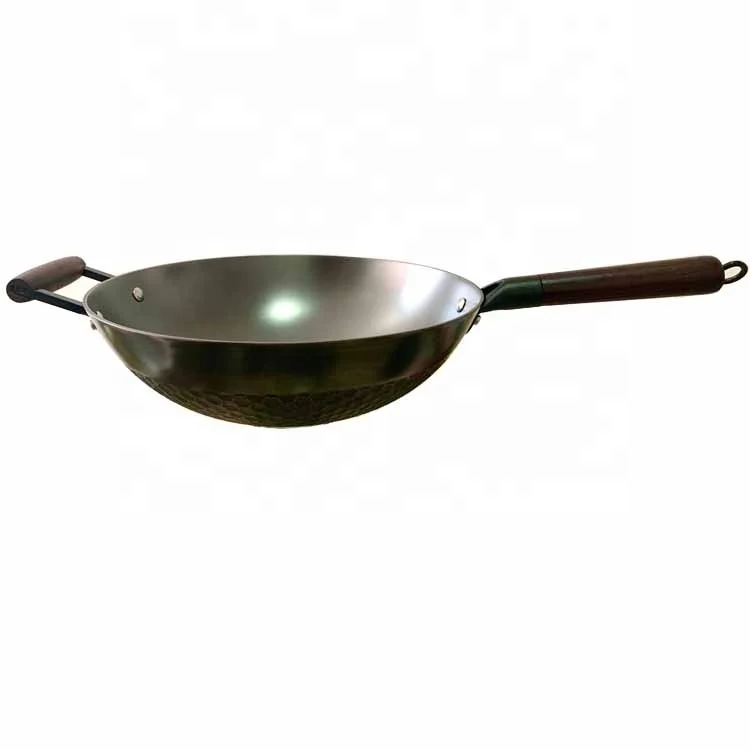 high quality light weight iron deep fry pan Nitriding Treatment Rust Free Chinese Wok Pan with wooden handle pan wok
