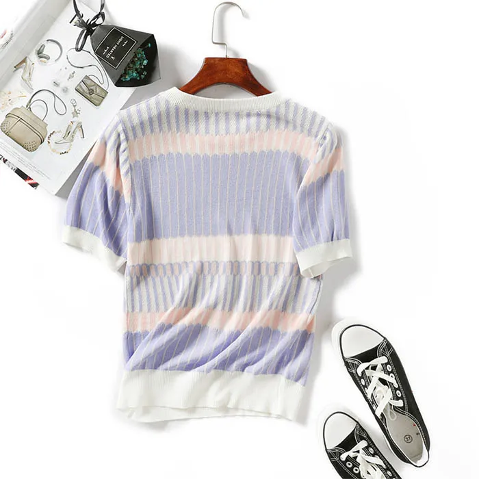 MY015 Korean Fashion Sweet Striped Patchwork O Neck Fresh  Knit Crop Tops Ladies Summer Thin Sweater Knitwear Clothing