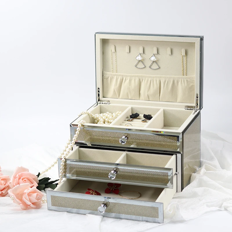 Wholesale Luxury Large 3 Layer Jewel Case Ring  Gift Storage Glass Box Organizer