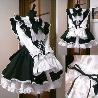 Women Maid Outfit Anime Long Dress Men Cafe Costume Cosplay Costume Apron Dress Lolita Dresses Black and White