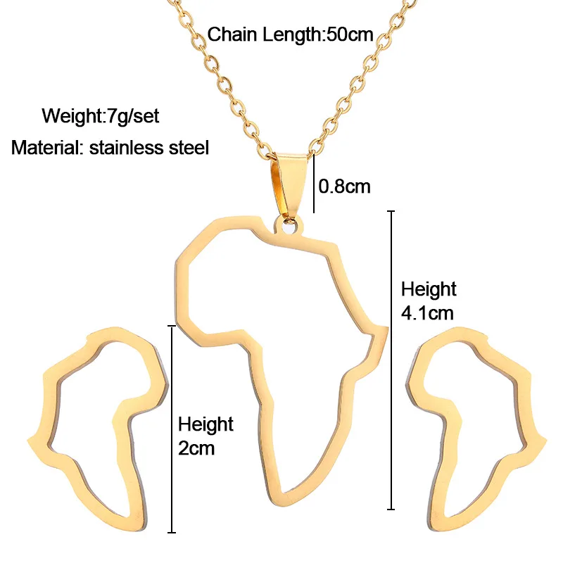 In Stock Hypoallergenic Women Large 18k Gold Plated Country Africa Map Pendant 2-Piece Set