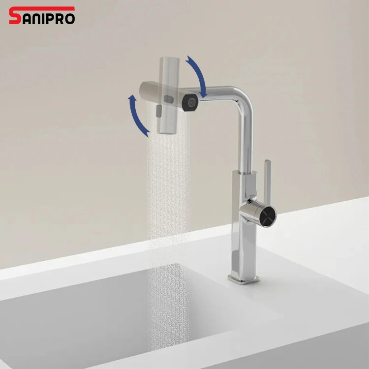 SANIPRO 360 Degree Rotation Zinc Alloy Sink Taps Mixers Pull Out Down 3 Way Shower Head Waterfall Kitchen Faucets
