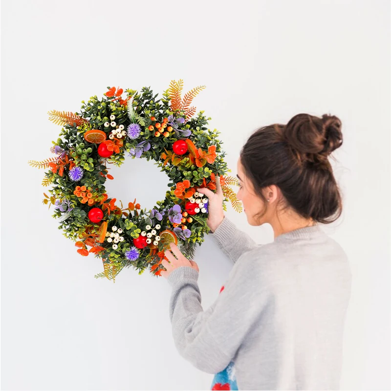 Unique 17.7-inch artificial flower wreath with fruit decorated farmhouse out door decoration, kitchen wall hanging