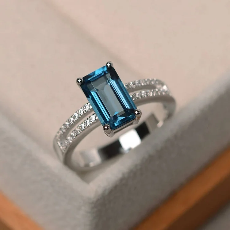 women rectangle blue sapphire engagement platinum diamond cubic zirconia topaz ring  moissanite wedding 925 sterling silver ring