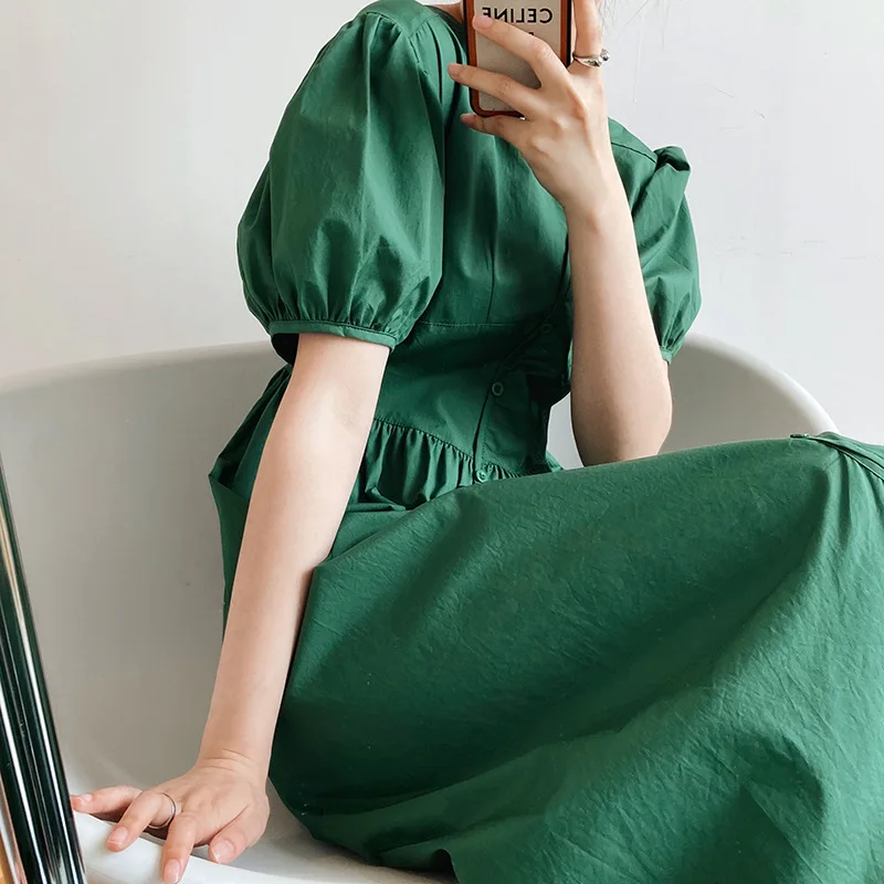 
2021 autumn designer women casual solid puff sleeve V neck lace up Chiffon vestidos maxi dresses 