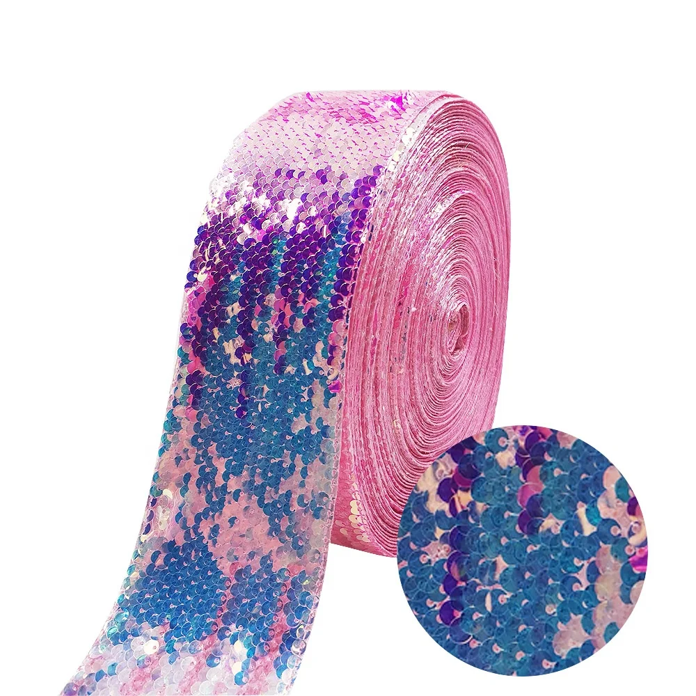 Hot sales for 75mm ribbon of reversible heart sequin ribbon material with center bows