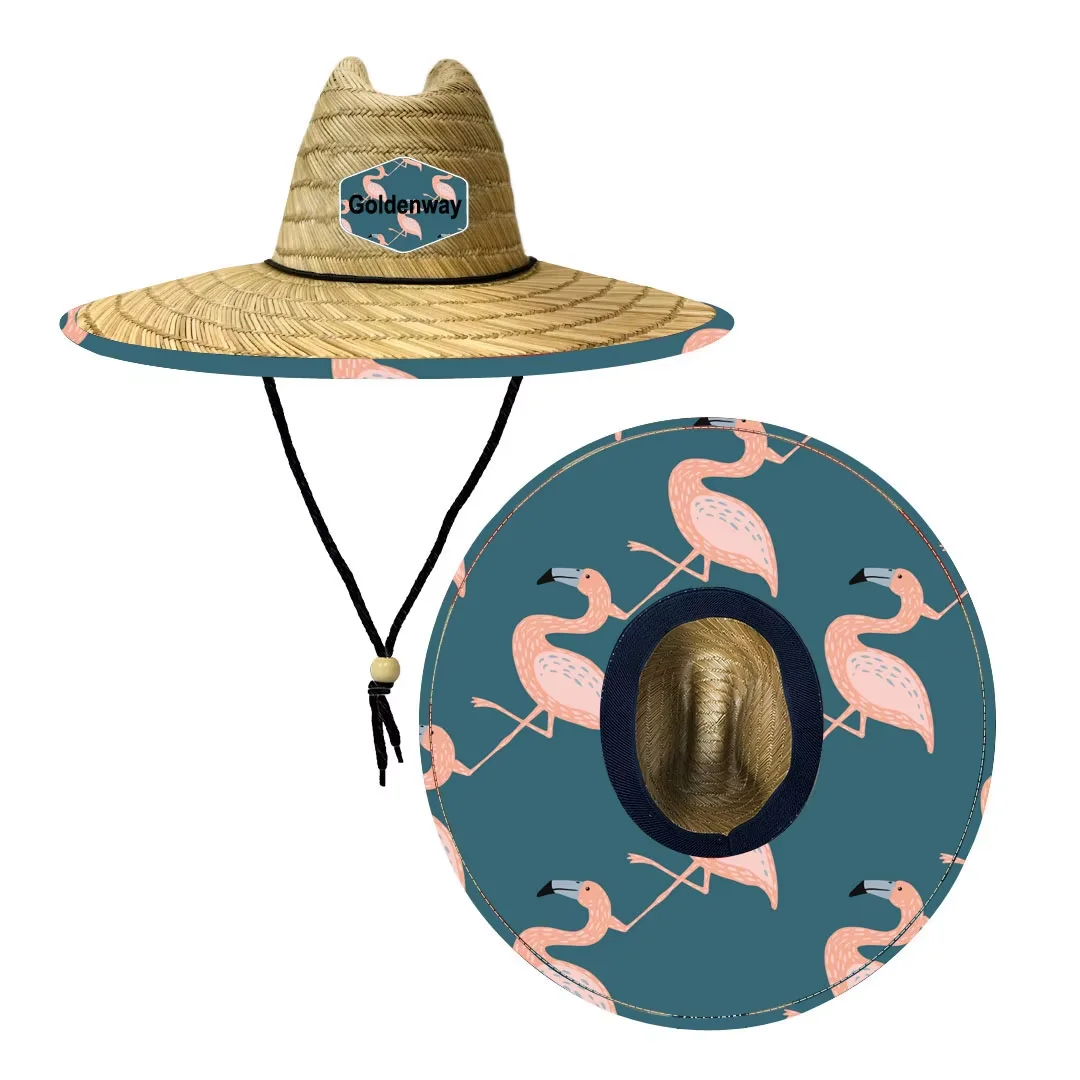 Flamingo Pattern design sun production women lifeguard wide brim custom straw hat wholesale